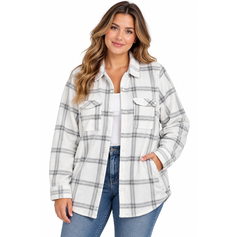 O'Neill Women's XL Plaid Fleece Shacket Snap Front Shirt Jacket White Gray